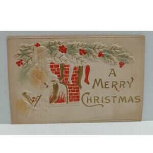 Antique Christmas Postcard Santa Claus Hanging Stockings Divided Unposted